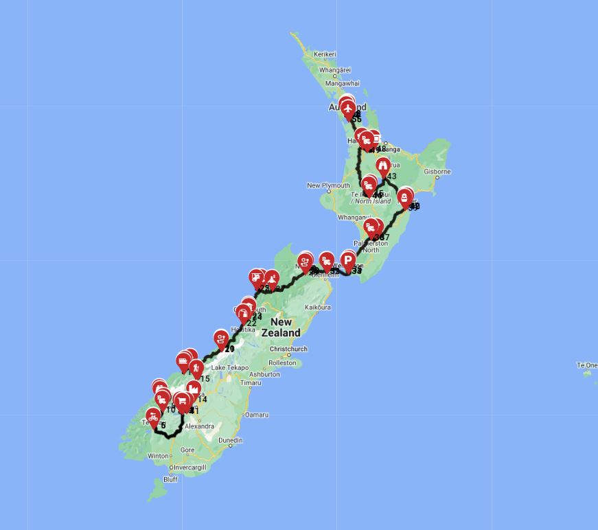 Map for Queenstown to Auckland - The Best of The West